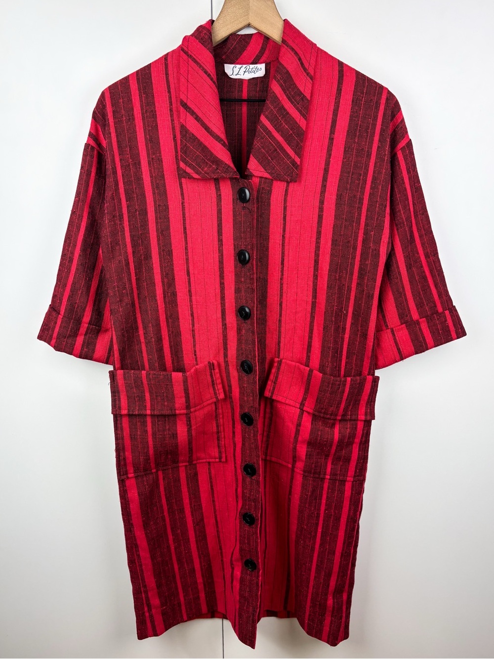 Vintage 60s Mod Striped Red Maroon Button Front Lightweight Long Shirt Jacket